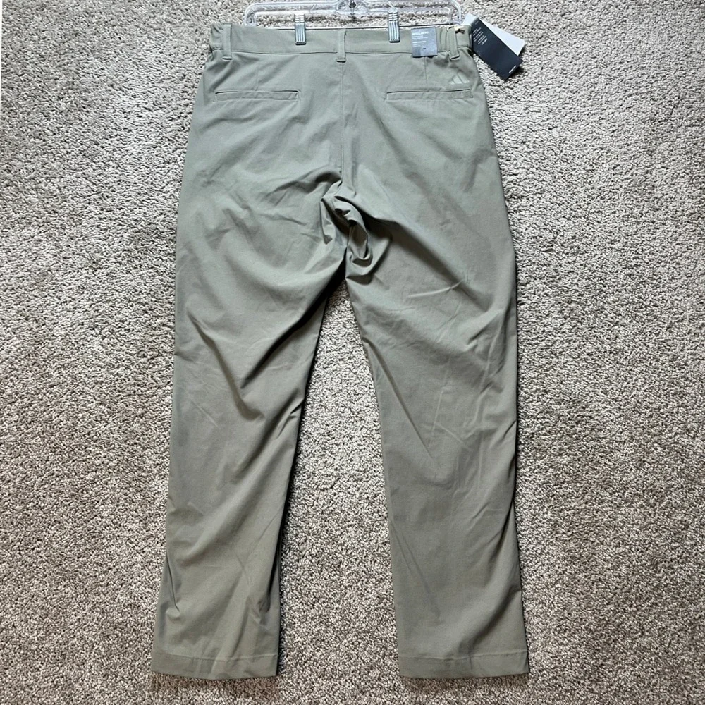 Adidas Nylon Chino Pants Mens 32x32 Olive Green Flat Front Golf 3 Stripes NEW